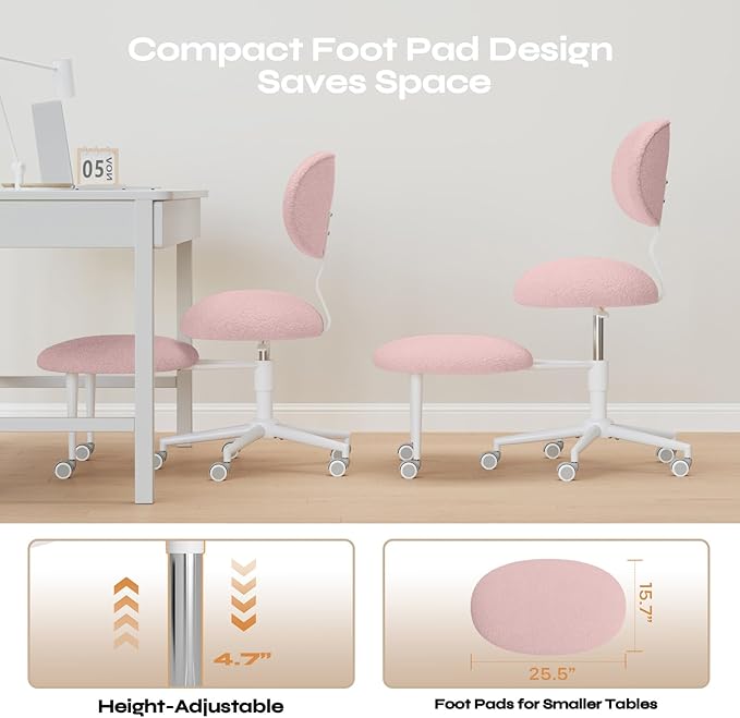 Pinmoco Ergonomic Cross Legged Office Chair with Wheels, ADHD Chair for Adults, Meditation Chair, Yoga Office Chair, Comfortable Back Support, Height Adjustable,Small Spaces, Teddy Fabric, Pink