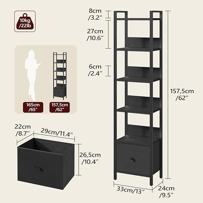 MAHANCRIS Bookshelf, 6-Tier Bookcase with Drawer, Small Book Shelf for Small Space, Storage Shelf Organizer, for Living Room, Bedroom, Study, Kitchen, Black BKHB66101