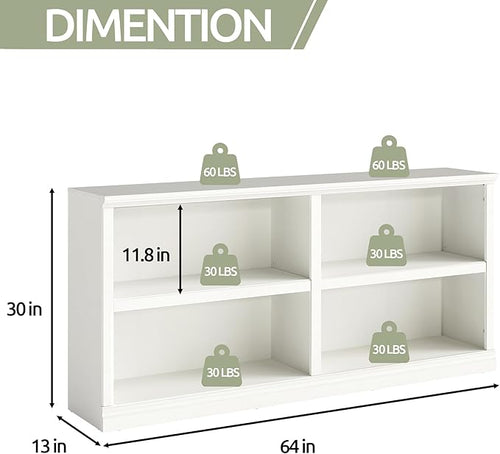 blini White Bookshelf Double Wide 64“ 2-Tier Bookcase 4 Cube Storage Organizer Wooden Bookcases for Bedroom and Home Office Decor Display