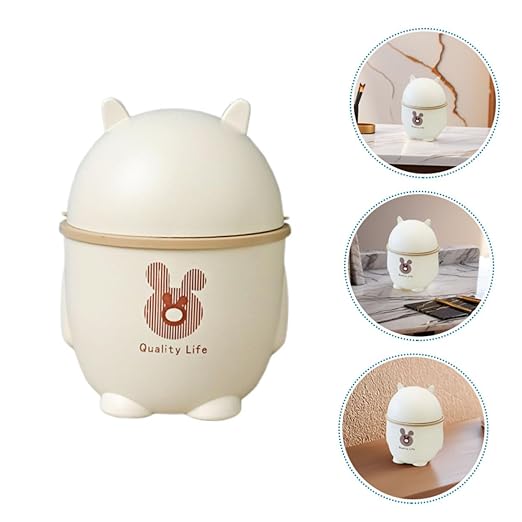 Uonlytech Cute Mini Desktop Trash Can with Lid Slim Plastic Waste Bin for Office Kitchen and Bathroom Cartoon Design White Color 5L Capacity