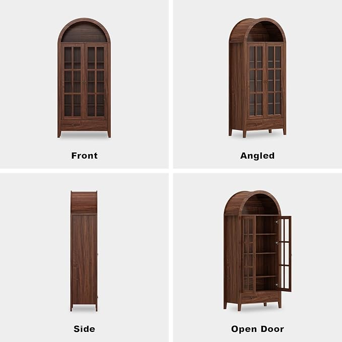 70" Tall Arched Cabinet, Modern Farmhouse Wooden Display Cabinet with Glass Doors, 6 Tier Bookshelf w/Adjustable Shelves for Living Room, Office, Walnut