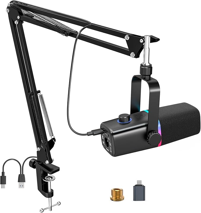 ZealSound USB/XLR Dynamic Microphone with Boom Arm, Podcast Gaming Mic for PC, Mac, iPhone, USB-C & Lightning, RGB Light, Touch Mute, Gain Control, Headphone Monitoring for YouTube TikTok Streaming