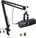 ZealSound USB/XLR Dynamic Microphone with Boom Arm, Podcast Gaming Mic for PC, Mac, iPhone, USB-C & Lightning, RGB Light, Touch Mute, Gain Control, Headphone Monitoring for YouTube TikTok Streaming