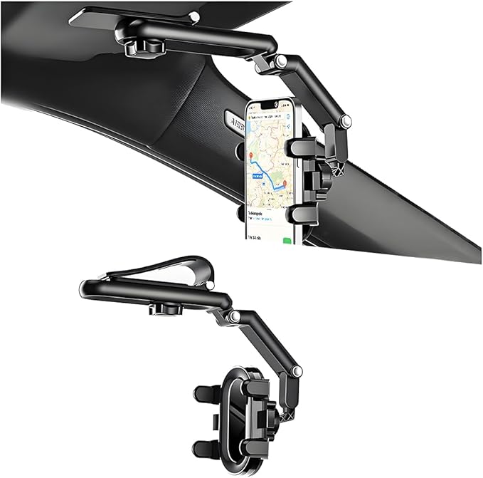 Car Sun Visor Phone Holder, 1080° Rotatable Rear View Mirror Cell Phone Mount with Extendable Arm, Adjustable Automotive Interior Smartphone Clip, Universal for Vehicles (Black)