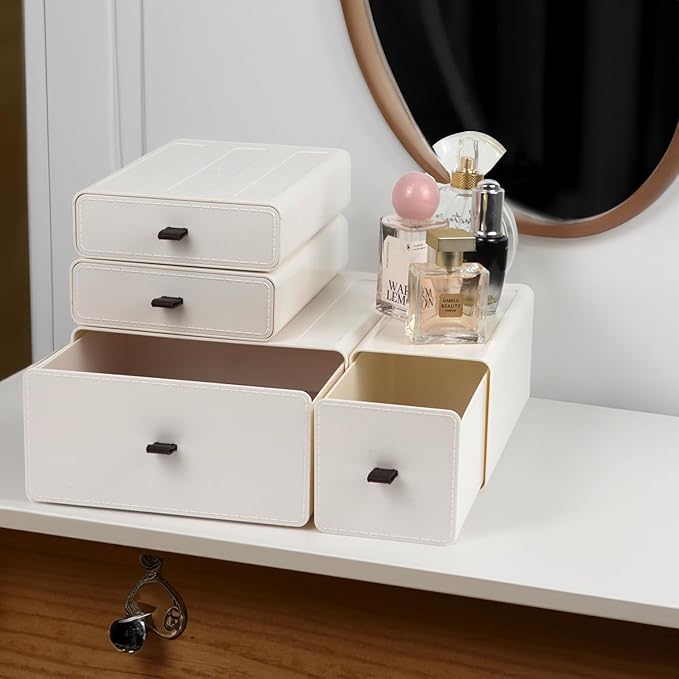 ZEXALOR White Desk Organizer with Drawers, Dresser Desktop Makeup Nightstand Organizer, Storage Drawer for Small Spaces Pens Stationary Cosmetic Junk, Office Supplies and Accessories (4-Drawer)