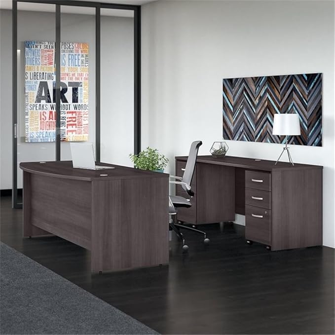 Pemberly Row Office Desk Set, 72" Bow Front Desk with Credenza, Thermally Fused Laminate in Storm Gray, Includes Mobile File Cabinets, Contemporary Style for Home or Commercial Office Use