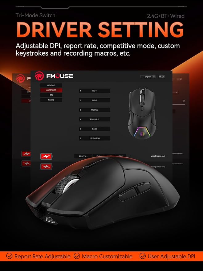 FMOUSE Wireless Gaming Mouse, PAW3311 Sensor, 12,000 DPI, 1,000Hz, Tri Mode (2.4G/Bluetooth/Wired), Ergonomic, USB C Rechargeable, 6 Programmable Buttons, Side Keys Mice for PC/Laptop/Mac (Black)