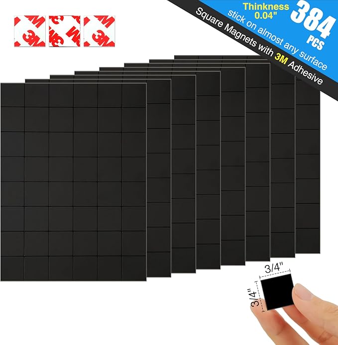 Magnetic Squares Pieces with Adhesive Backing(Each 3/4" x 3/4"),Self Sticky Magnets for Classroom Activities,Peel and Stick for Cards/Picture/Poster (40mil Magnet 384PCS)