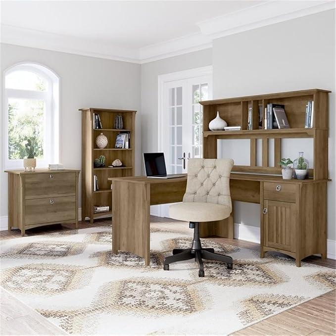 Pemberly Row Engineered Wood L Shaped Desk with Hutch & Storage, Reclaimed Pine Finish, 60W Corner Desk Set with File Cabinet and 5 Shelf Bookcase for Home Office Organization