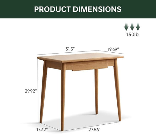 100% Solid Oak Wooden Desk Home Office Desk Mid Century Modern Writing Computer Desk with Drawer for Home Office 31"