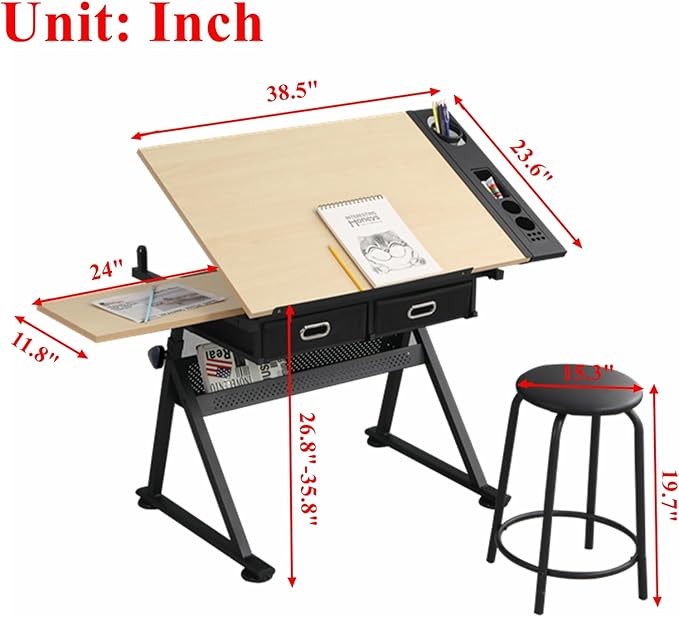 Drafting Table, Height Adjustable Drawing Table Art Table with Stool, 0-75° Tilted Tabletop Artist Desk Painting Table with Storage for Home Office School, Type 4-Brown