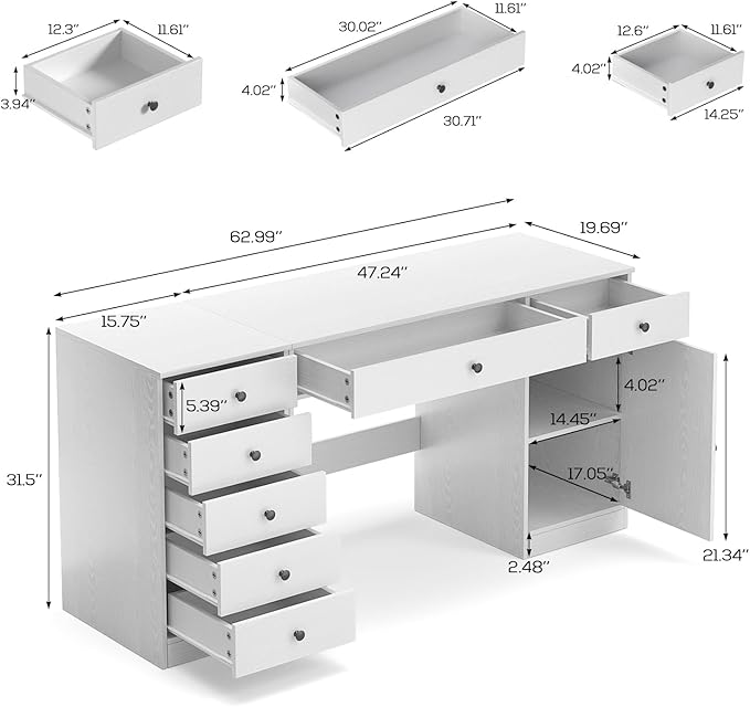 TUSY Office Desk and 5-Drawer Cabinet Set, 31.5" H White Desk with Drawers, 47.24" W Executive Desks with Storage, Computer Table for Home Office, Study, Small Spaces