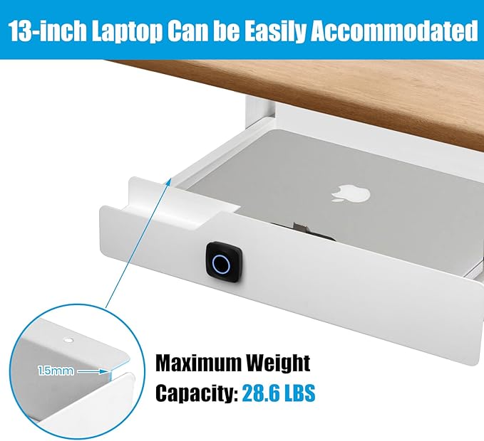 Lumil Under Desk Drawer with Lock, 16 inch Under Desk Storage Drawer, Under Desk Mounted Pull Out Drawer with Biometric Lock