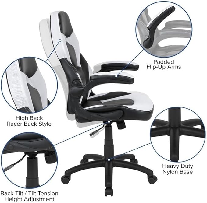 BOWERY HILL 2 Piece Gaming Desk Set, Black and White Finish, 51.5" W Desk with Raised Monitor Stand, Detachable Cup Holder and Headset Hook, Ergonomic Gaming Chair with Lumbar Support and Tilt