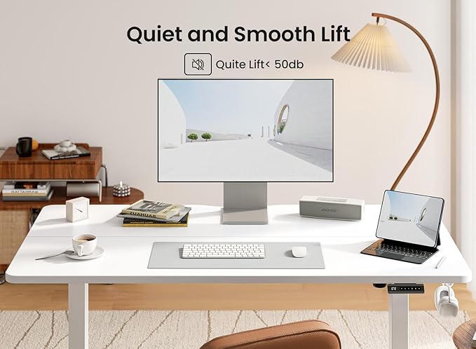 BANTI 55 × 24 Inches Standing Desk, Ergonomic, Electric Height Adjustable, Sit and Stand Up, Computer Office Desk with Splice Board, White Frame/Whitetop