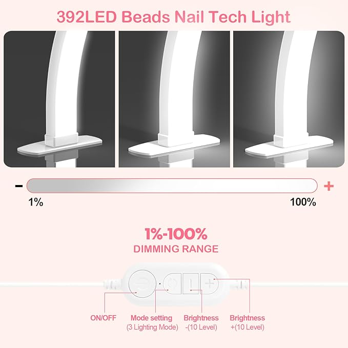 Kadden Foldable Large Half Moon LED Light,29" Arch Light with Rhinestone-Encrusted for Table Nail Desk with Phone Stand, Upgrade Arch Light for Nail Techs (White, Large)