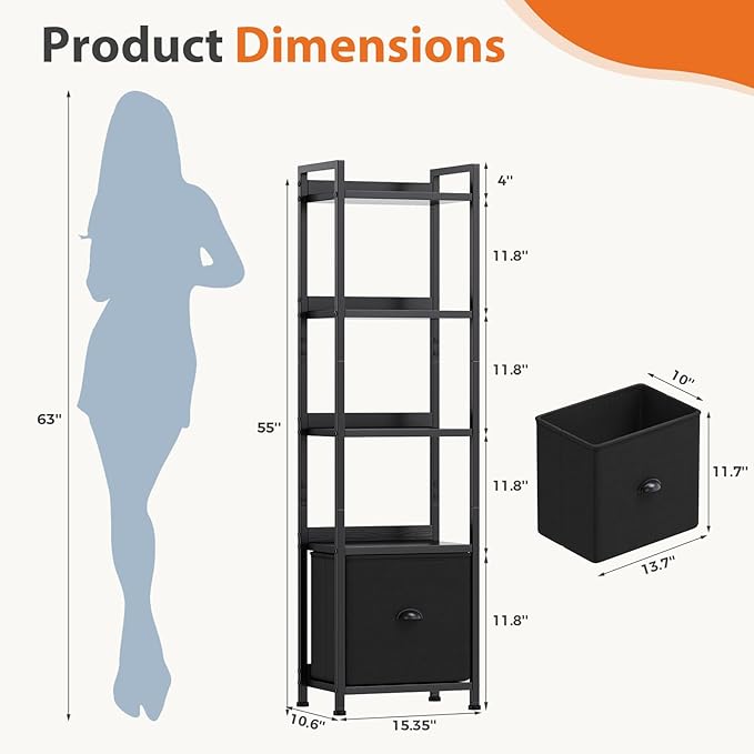 Sweetcrispy 5-Tier Bookshelf with Fabric Drawer, Wood-Metal Standing Display Shelf, Multi-Functional Organizer for Books, CDs and Movies, Suitable for Bedroom, Living Room, Black