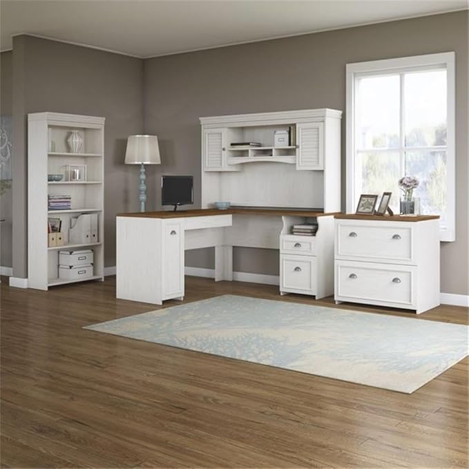 Pemberly Row 4 Piece Office Set, Antique White Finish, Laminate Over Engineered Wood, Includes L Shaped Desk with Hutch, Bookcase, Lateral File Cabinet, Cottage Style Home Office Furniture