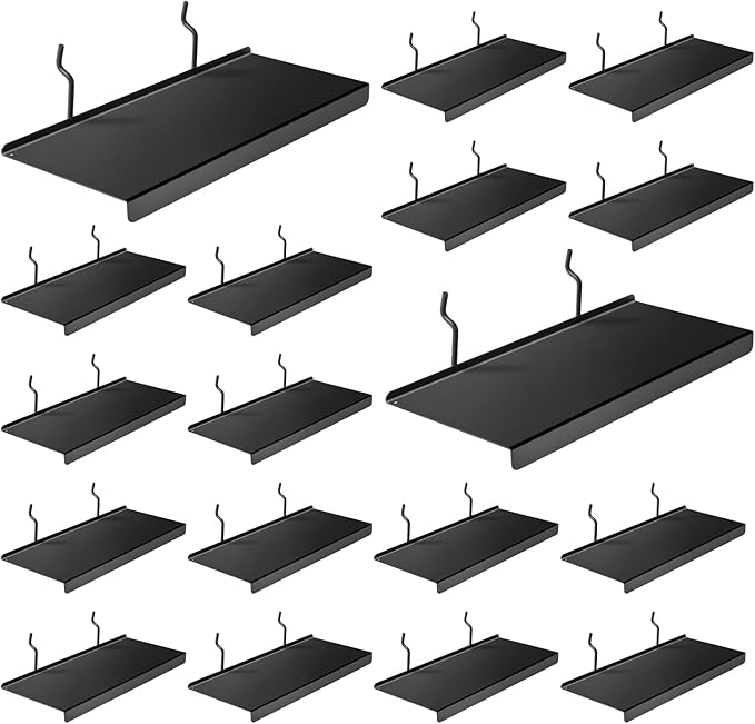 PEKGRIL 10x4.3 Inch Pegboard Shelves Set of 20, Metal Peg Board Shelves Accessories, Flat Display Shelves for Pegboard, Metal Retail Display for Storage and Organization, Black
