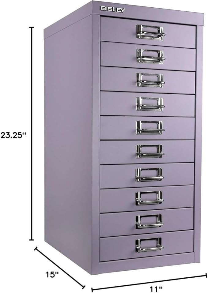 Bisley 10-Drawer Steel MultiDrawer Cabinet - Lilac, Chrome Pull Handles with Label Holders, Powder-Coated Steel, Removable Drawers, Fits Under Most Desks, Labels Included