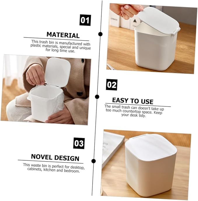 OUNONA Mini Kitchen Trash Can Lid Slim Desktop Trash Bin Plastic White for Kitchen Office