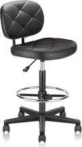 KLASIKA PU Leather Rolling Bar Stool with Wheels and Back, Tall Drafting Stool with Adjustable Height and Footrest, Multi-Purpose Office Desk Chair for Home Kitchen Shop Work, Black (1PK)