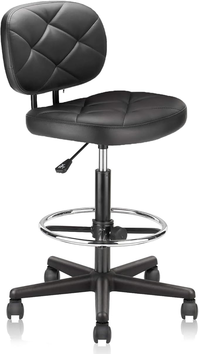 KLASIKA PU Leather Rolling Bar Stool with Wheels and Back, Tall Drafting Stool with Adjustable Height and Footrest, Multi-Purpose Office Desk Chair for Home Kitchen Shop Work, Black (1PK)