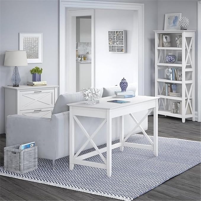 Bush Furniture Key West 48W Writing Desk with 2 Drawer Lateral File Cabinet and 5 Shelf Bookcase in Pure White Oak