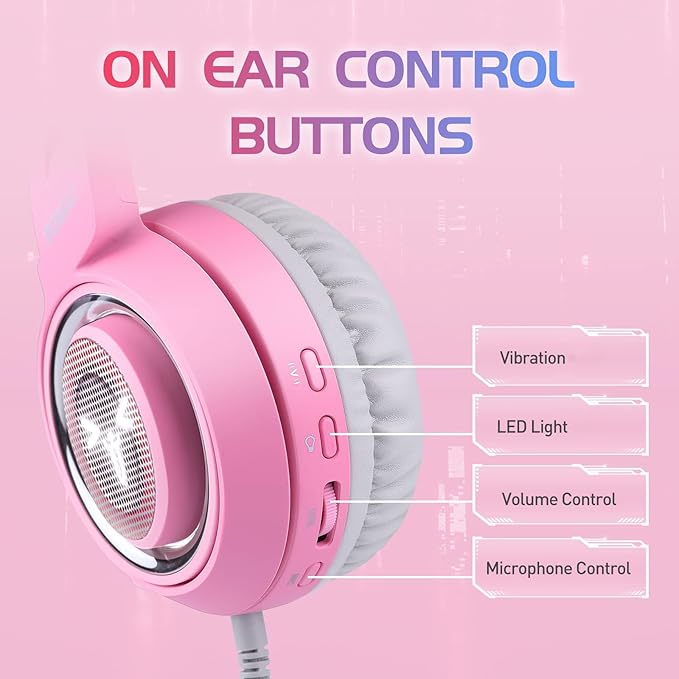 SOMIC G951pink Gaming Headset for PC, PS4, PS5, Laptop, Cat Ear Headphone USB Gaming Headphones with Mic Noise Cancelling, LED Light, 7.1 Virtual Surround Sound for Girls, Women