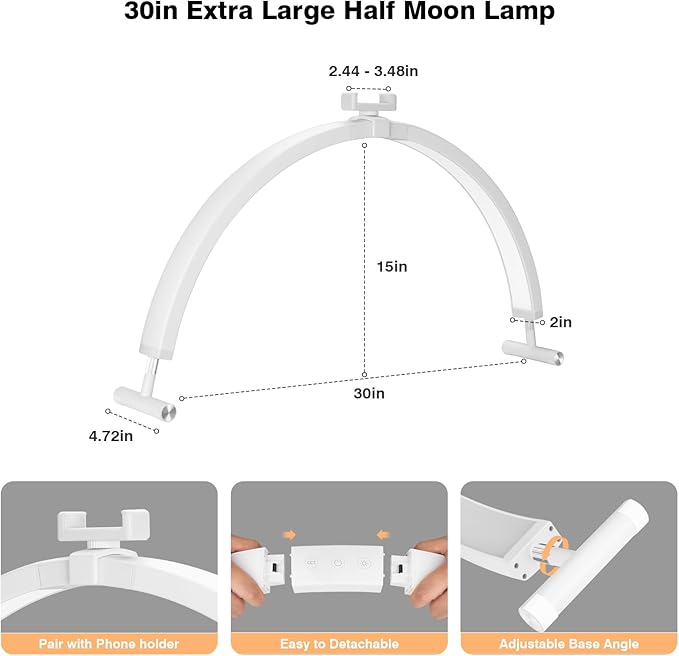 Mznoo Half Moon Light for Nail Desk, 30'' Large Half Moon Desk Lamp with Phone Holder, Professional Nail Tech Light with 3 Color Modes and 5 Brightness for Manicure Salon and Handicraft (White)