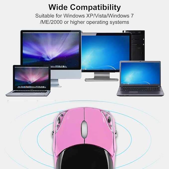 ASHATA 2.4G Car Mouse with USB Reciver 1600DPI Optical Mouse for PC Computer Laptop Tablet, High Cute Mouse for XP//Win7/ME/2000/for OS (Pink)