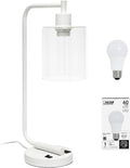 Simple Designs LD1066-WHT-LB Industrial Vintage Bronson Iron Lantern Desk Table Lamp with USB Port and Glass Cylinder Shade for Office, Living Room, Bedroom, White, with Feit LED Bulb Included