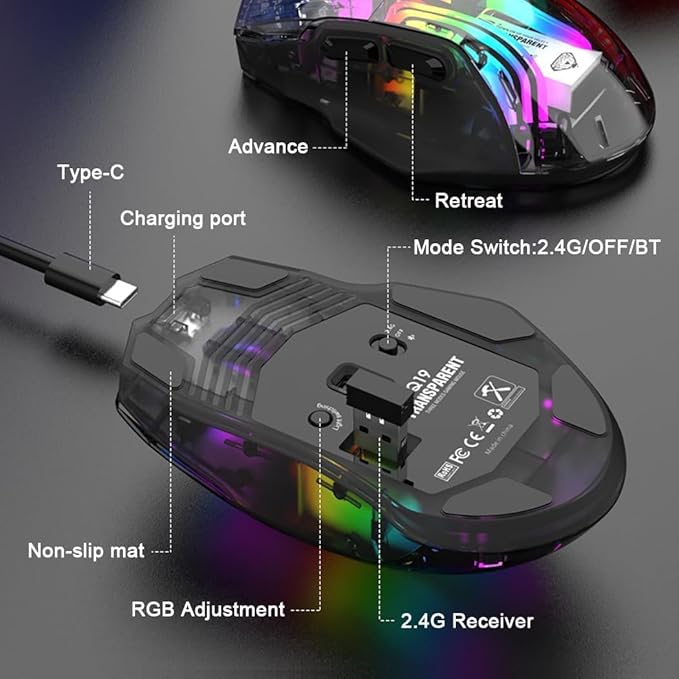 Bluetooth Wireless Mouse,Tri-Mode 2.4G/USB-C, Up to 3600 DPI,Transparent Mechanical Gaming Mouse,Chroma RGB Backlit, Must-Have Cool USB Computer Mouse for Gaming and Esports (Black)