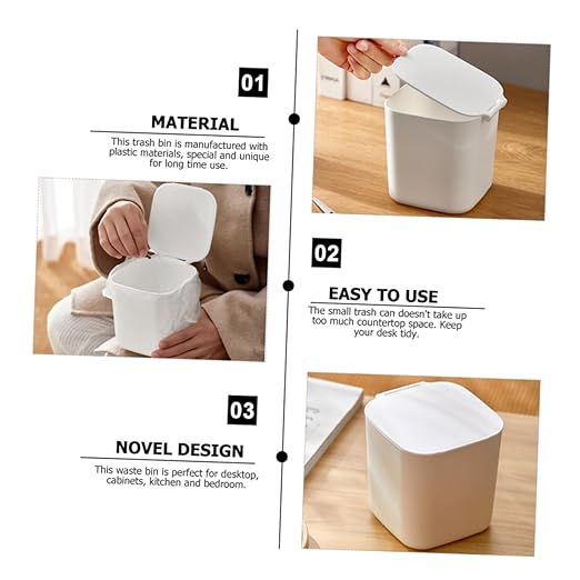 SOLUSTRE Slim Trash Can Lid Kitchen Garbage Can Desktop Trash Bin Plastic Mini Trashcan