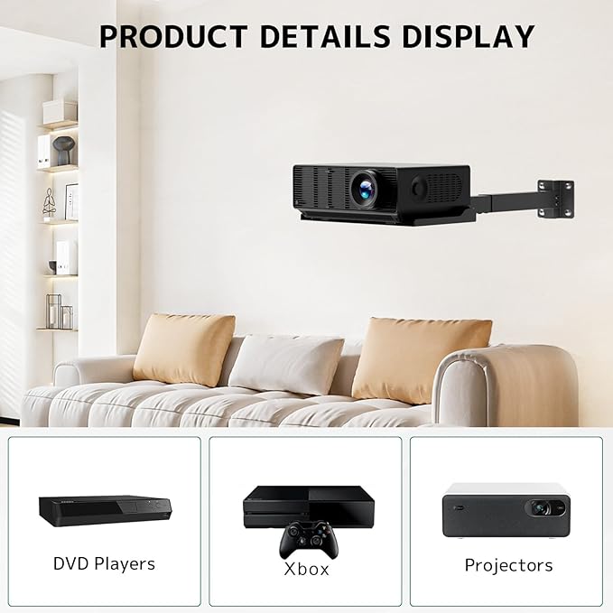 Projector Ceiling Mount with Tray, Adjustable Height Universal Bracket with Concealed Cable Management, No Hole Installation, Holds up to 22 lbs – Ideal for Home Theater & Office (Black)