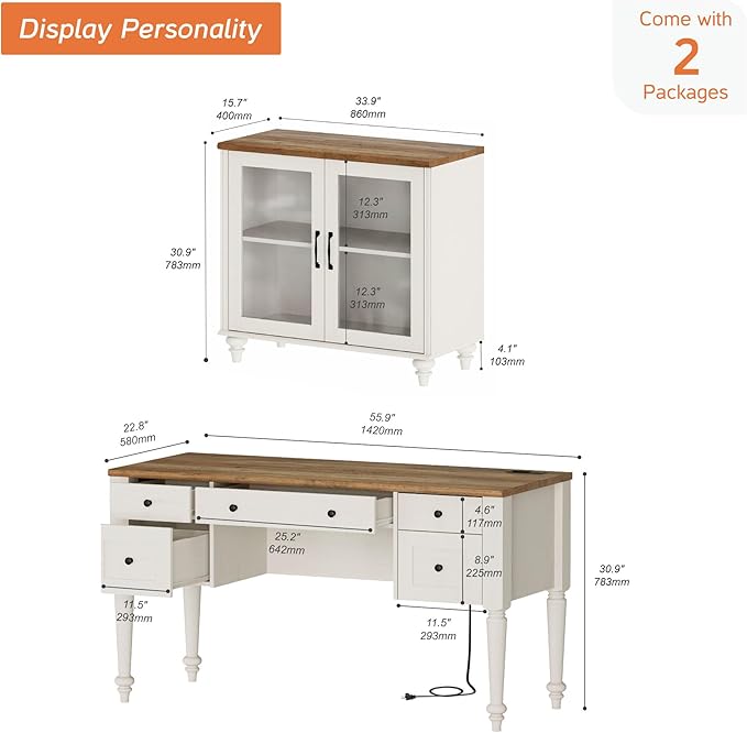 WAMPAT Home Office Furniture Set, 56" Executive Desk with Charging Station, Farmhouse Cabinet with Glass Doors, Wood Computer Desk with File Cabinet Storage, Open Shelf, White