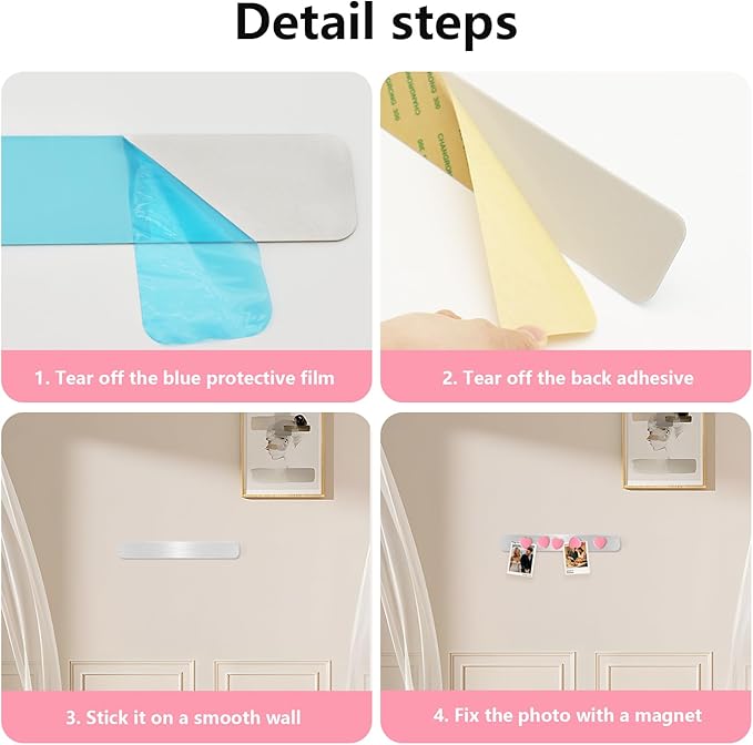 Magnetic Board Strips - 6Pcs Stainless Iron Magnetic Strips with Adhesive Backing & 10 Pink Heart Magnets, Frameless Small Bulletin Board for Wall, DIY Memo Board for Home Kitchen School Office