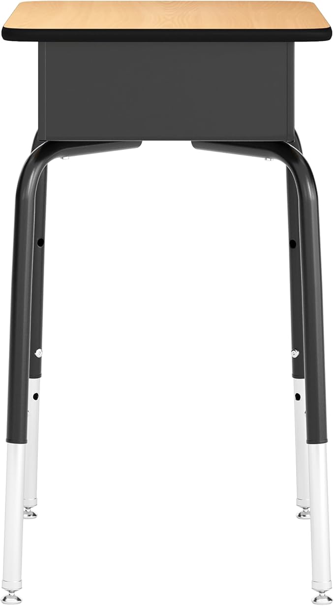EMMA + OLIVER Jacobs Desk/Stackable Ergonomic Chair Set, Flex Comfort Seat Back, Adjusting Desk Legs, Metal Open Front Storage Box, Natural Desktop/Navy Chair
