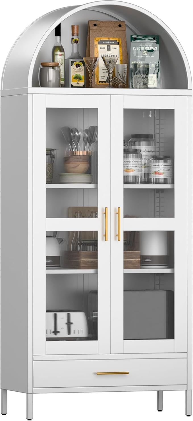 VEXPOR 73" Tall Arched Display Cabinet with Glass Doors, Metal Arched Curio Cabinet with Drawer for Living Room, Home Office, Assembly Required, White