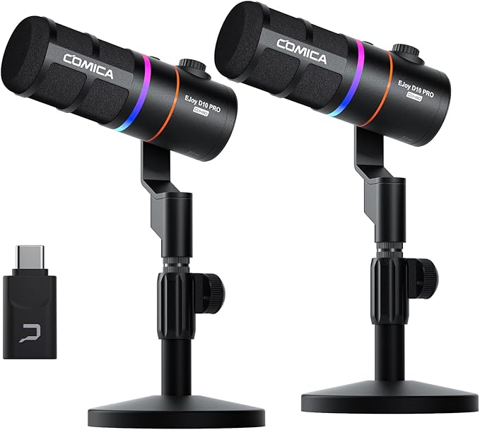EJoy D10 PRO(D) COMBO Dual-Channel Wireless USB Gaming Microphone – RGB Dynamic Mic with Wired/Wireless Modes, XLR/USB-C, Real-Time Monitoring, Studio Mic for Gaming, Streaming, Podcast, Recording
