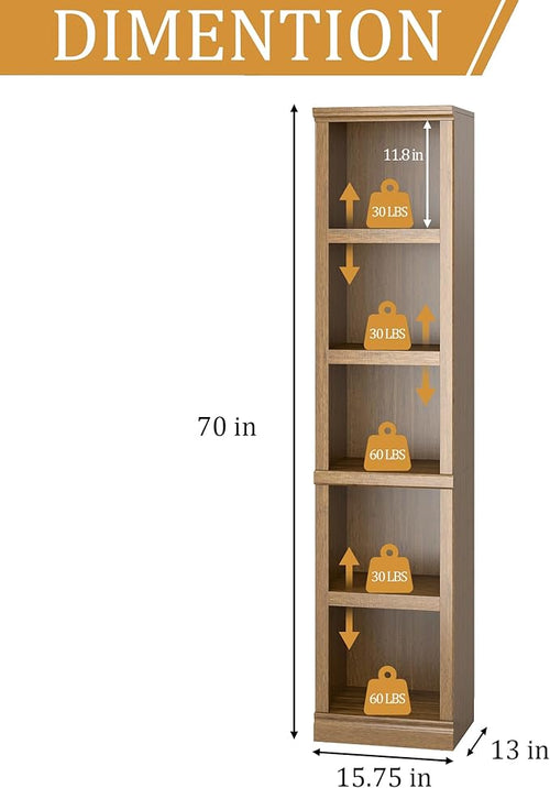 blini 5-Shelf Narrow Bookcase White Wooden Tall Bookshelves Floor Standing Display Storage Shelves Vintage Oak Bookcase for Home Office, Living Room, Bed Room