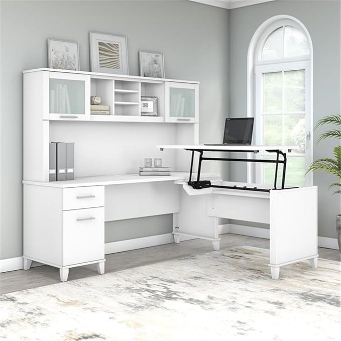 Pemberly Row 72W Sit to Stand L Desk with Hutch, Engineered Wood, White Finish, Adjustable Heights, Frosted Glass Doors, File Drawer, Box Drawer, Ergonomic Office Furniture for Home Workspace