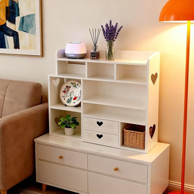 White Heart Drawer Bookshelf, Desktop Organizer with Shelves & Heart-Shaped Drawer for Desk, Office, Dorm - Display Storage for Books, Decor, Makeup, Stationery(White), (Upgrade)