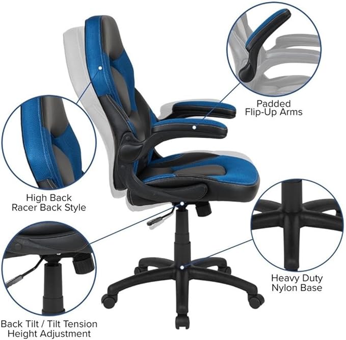 BOWERY HILL 2 Piece Gaming Desk Set, Black Laminate Desk with Blue Mesh Gaming Chair, Ergonomic Design, Cable Management, Monitor Stand, Cup Holder and Headset Hook, Contemporary Gaming Setup