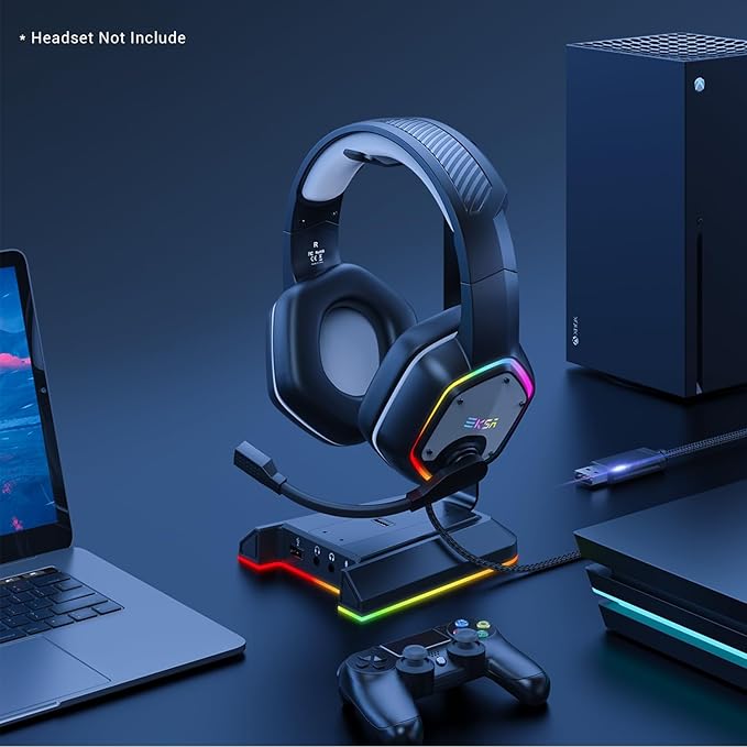 EKSA RGB Headset Stand, Headphone Stands with 7.1 Surround Sound & USB/3.5mm Port, Desk Gaming Headsets Holder with Aluminum Alloy Rod & Non-Slip Rubber Pad, Suitable for Most Gamer Desktop Earphones