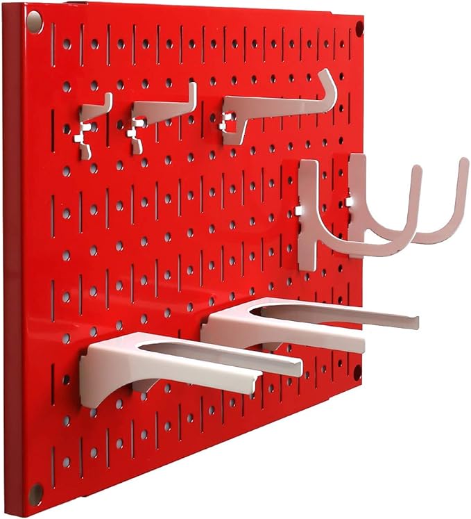 Wall Control Pegboard Wall Organizer Tiles Modular Red Metal Pegboard Tiling Set - Four 12-Inch Tall x 16-Inch Wide Peg Board Panel Wall Storage Tiles - Easy to Install (Red)