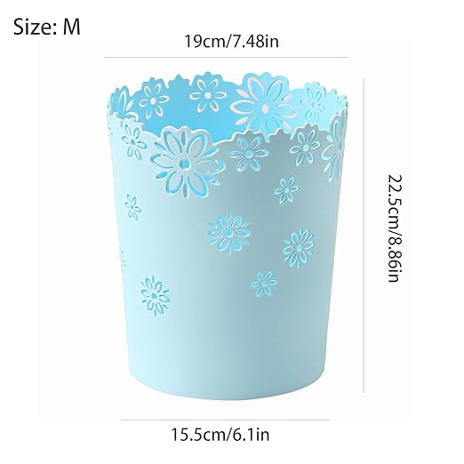 Mini Wastebasket Blue Trash Can 1.8 Gallons Garbage can for Bedroom Wastebasket Hollow Flower Shape Plastic Lidless Wastepaper Baskets Trash Can Bedroom Small Trash can (Blue, M)