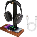 Handmade Wood Headset Stand with Fast Wireless Charging Pad- QI Wireless Charging Dock Compatible with iPhone 17/16/15/14 /Samsung Series,2-in-1 Universal Holder for All Table Headphones