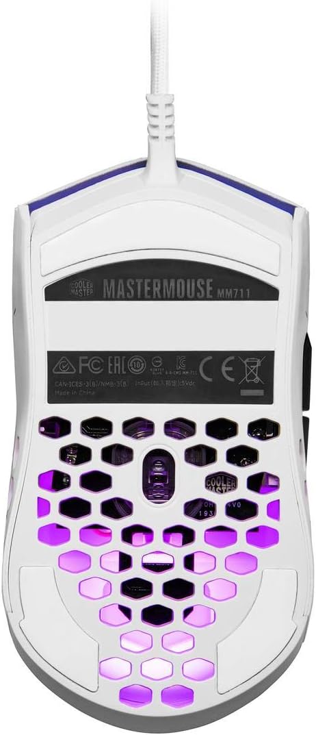Cooler Master MM711 60G Glossy White Gaming Mouse with Lightweight Honeycomb Shell, Ultraweave Cable, 16000 DPI Optical Sensor and RGB Accents