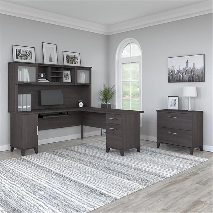 Pemberly Row 72W L Shaped Desk with Hutch and File Cabinet, Engineered Wood, Storm Gray Finish, Frosted Glass Doors, Wire Management, Home Office Set Featuring Storage and Organization